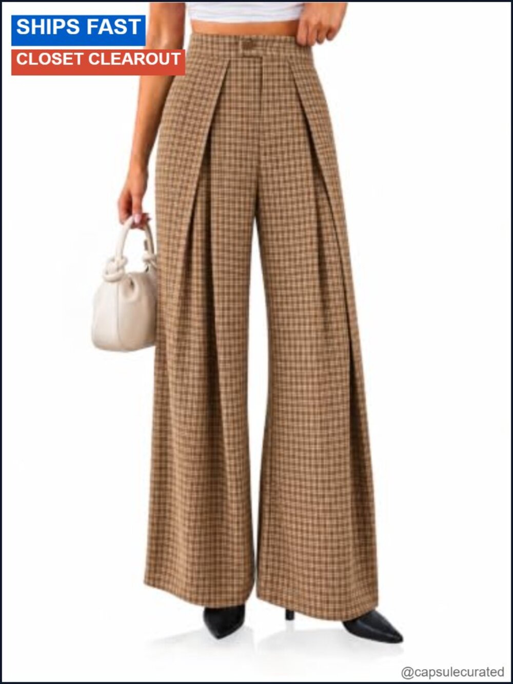 Womens Wide Leg Gingham Pleated High Waist Palazzo Pants